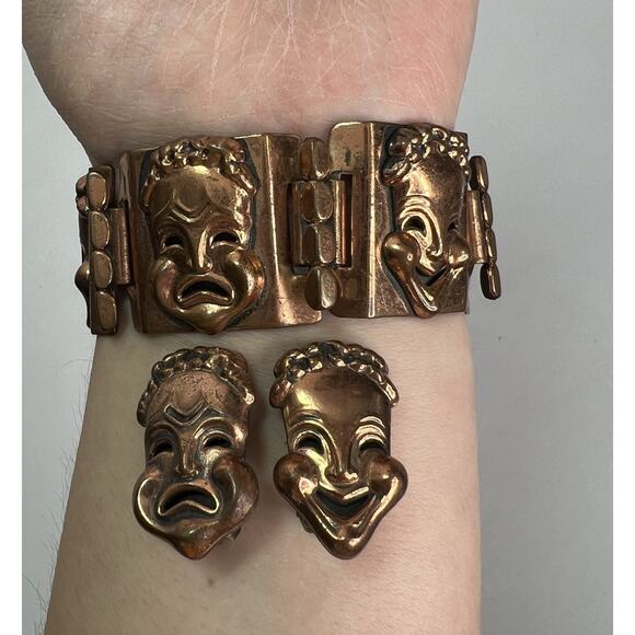 Renoir Jewelry - Vintage 1950's RENOIR Copper Theater Drama Masks Bracelet & Clip On Earrings